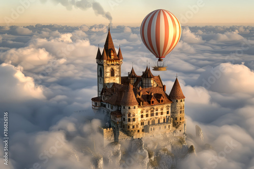 Fantasy medieval castle above the clouds, hot air balloon floating in the sky above the fortress, elevated landscape