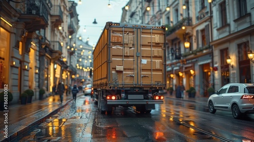 A delivery truck loaded with parcels embarks on its journey, symbolizing reliability and dependability.