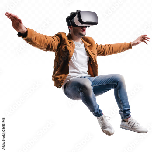 Set of floating full young man wearing VR headset on transparency background PNG 