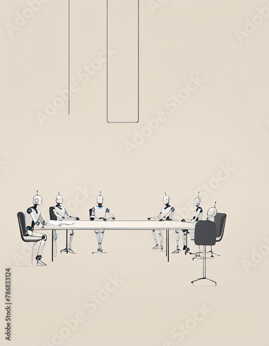 会議室でミーティング ディスカッションするAIロボットビジネスマンのシンプルイラスト Simple illustration of AI robot businessman having a meeting discussion in a conference room