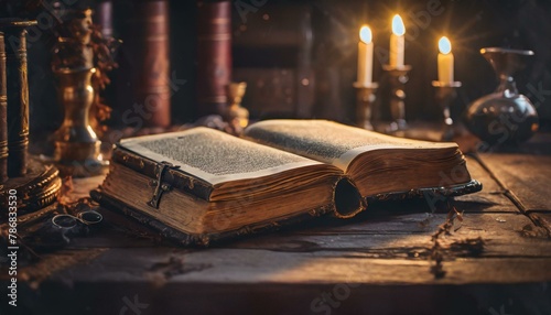 old book with candle, old book and candle on wooden table, an old book bathed in soft magical lights on a vintage table