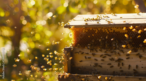 Honey bees swarming around their beehive