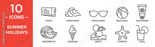 summer holidays related vector icon set includs ticket, water wave, sunglasses, beach ball, sun screen, icecream, beach, and more icons