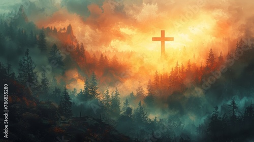 Christian cross depicted in a vibrant watercolor painting, placed against the backdrop of a majestic forest bathed in golden sunlight. Copyspace background for conveying Christian symbolism.