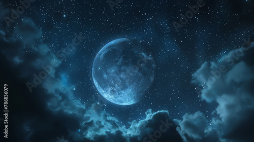 Starry night backdrop, moon entwined in clouds, clear and vivid,