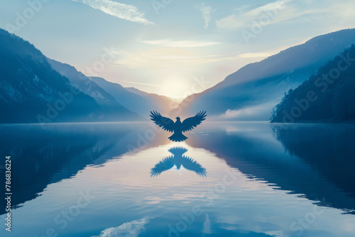 A bird is flying over a lake with a beautiful blue sky in the background
