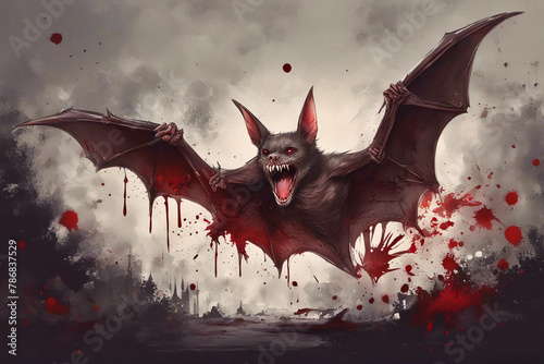 A huge scary bat with wings spread, blood spatter art.