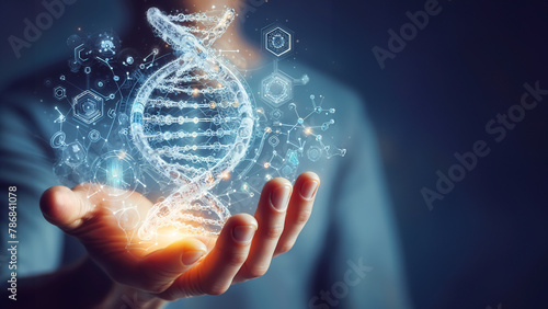 close up of man holding glowing gene manipulated human DNA helix with copy space.