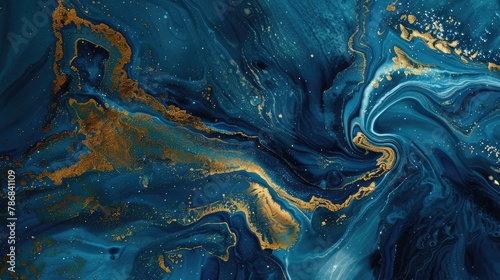 An abstract painting with a rich texture of blue and gold tones, evoking depth and emotion in a contemporary art style.