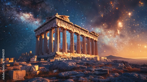 Parthenon under the vast starry night, echoes of ancient glory, tranquil and mystical, AI Generative