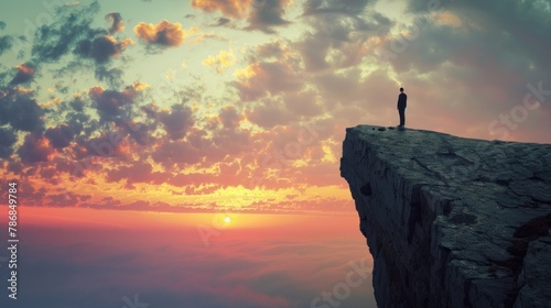 A person standing at the edge of a cliff, looking out at the horizon with hope for the future. 