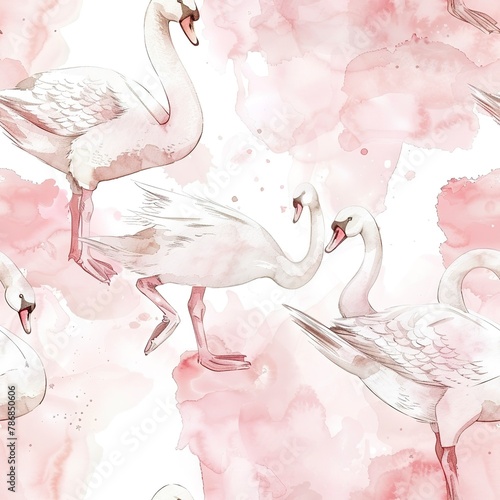 Swans with ballet slippers, elegant watercolor, seamless pattern, pastel pinks and whites, dance of beauty. Seamless Pattern, Fabric Pattern, Tumbler Wrap, Mug Wrap.