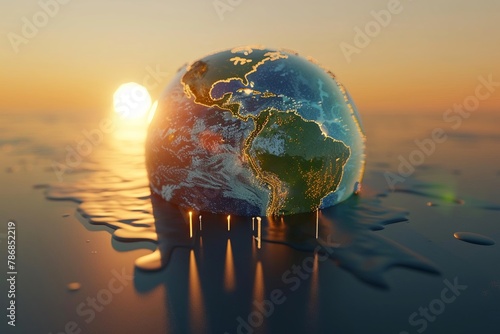 Earth melting like ice cream under the sun, with dripping continents, portraying global warmings threat , 8K render