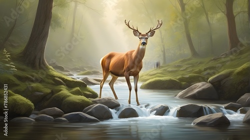 A graceful deer gracefully leaping over a babbling brook in a serene forest setting 
