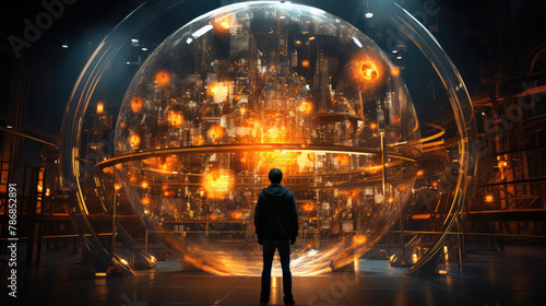 A man standing in front of an orb that contains the entire universe. Created with Ai