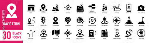 Navigation solid icons set. Map, navigation, destination, distance, address, directions, gps and location. Vector illustration