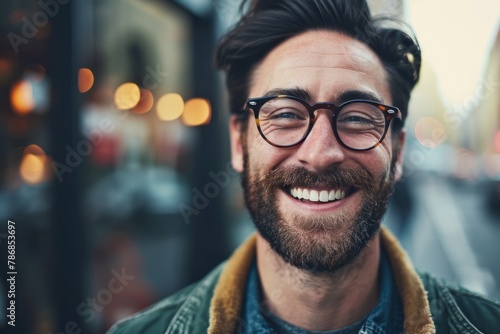 Portrait of a handsome hipster man with glasses in the city