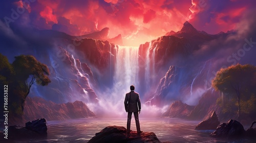 A businessman stands in front of a beautiful waterfall, business and nature, success concept.