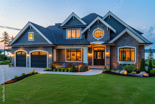  A beautiful luxury home with an exterior that includes dark grey shingle, white trim and large windows. The house has a three car garage on the left side of its front yard. Created with Ai