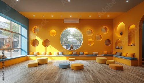  Villa children's playroom, with yellow walls and orange accents, had circular windows with arched shelves on the wall. The room had wooden floor tiles and blue cushions for seating.Created with Ai