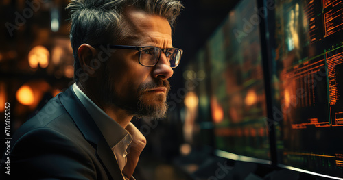 A cinematic still of the movie scene shows an elegant and confident man in his late thirties with short dark hair wearing glasses and well-groomed goatee looking at digital screens. Created with Ai