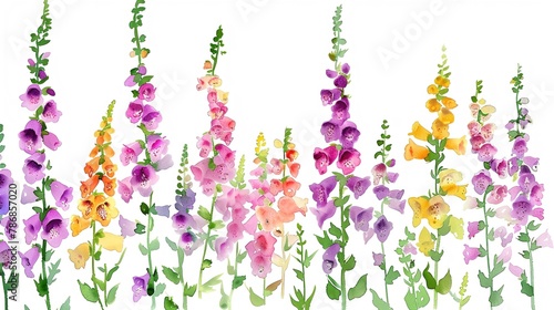 Watercolor foxglove clipart with tall spires of colorful flowers.