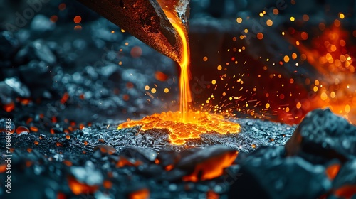 Intense moment as red-hot steel creates a river of fire into a mold, the air alive with sparkling embers and glowing metal
