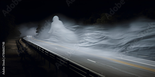 stormy ghost on the road at black night Mystery Foggy Terrifying Dark background