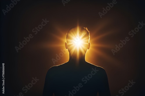 A silhouette of a person radiates a bright inner light, dark backdrop, in a minimalist style, inner strength, mindfulness and hope concept. generative ai