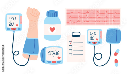 Set of hypertension elements in flat style. Hand drawn hypertension collection. Vector illustration.