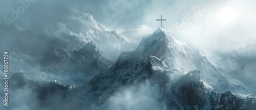 Symbol of resurrection on cloudy peak