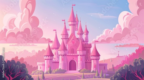 Vector pink princess magic castle. 