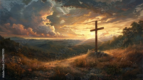 Jesus Christ's cross over hills
