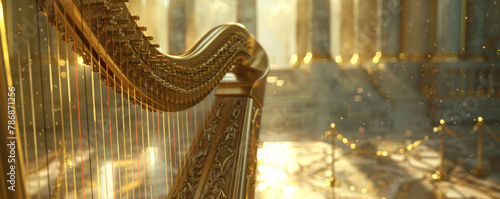 A golden harp sits in a grand hall, sunlight streaming in through the windows.