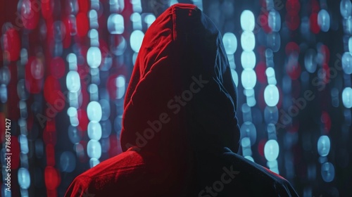 A person in a dark hoodie stands in front of a red and blue circuit board.