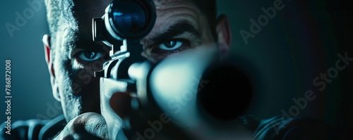 Intense close-up of a sniper with eye on scope, heightened focus in a high-stakes scenario