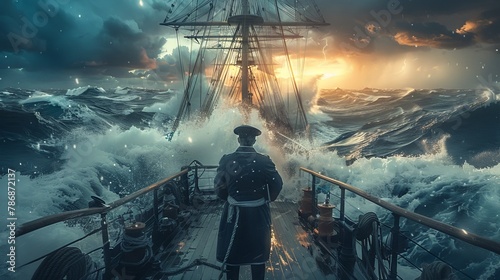 A naval commander strategizing on the bridge of a ship in turbulent waters, representing steadfast leadership