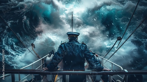 A naval commander strategizing on the bridge of a ship in turbulent waters, representing steadfast leadership