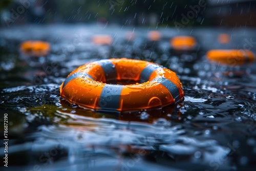 An orange lifebuoy floats on a water surface during a heavy rain, depicting emergency rescue and safety concepts.