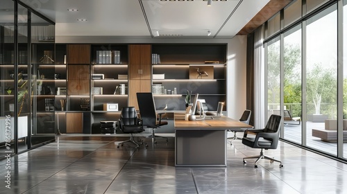 A sleek, modern showroom showcasing luxury office furniture and ergonomic workspace solutions, where discerning clients and businesses explore options for creating functional and stylish work 