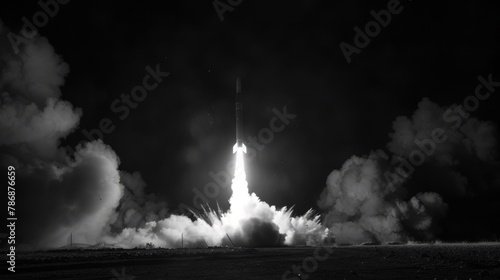 Intense launch of a nuclear missile, captured at night, its fiery ascent casting shadows