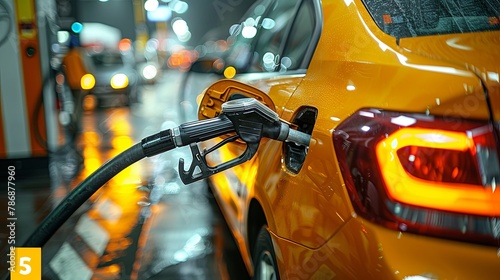 Close-up of a yellow car being refueled by a gas pump at a service station. yellow gas pump close-up, Generative AI.