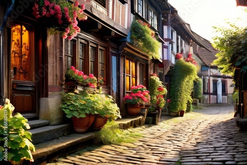 charming village square in a Bavarian town, with timber-framed buildings,