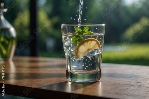 Erfrischendes Glas Wasser mit sprudelnden Blasen und Zitronenscheibe an einem sonnigen Tag auf Holztisch
