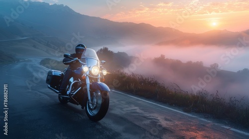 Luxury cruiser motorcycle with the soul of a lone wolf, riding through misty mountains at dawn, first light breaking through