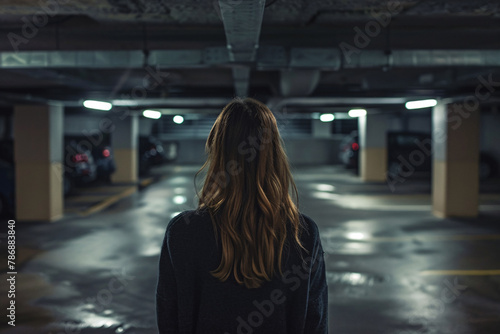 Young woman alone in dark parking garage