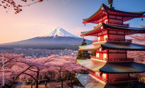 A pagoda with three floors stands in the foreground, behind it is Mount Fuji covered and blooming cherry blossoms.