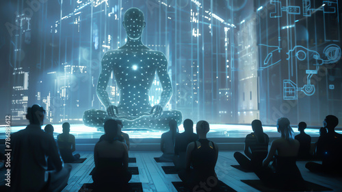 AI deity in a virtual temple, worshippers kneeling, silicon reverence