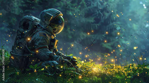 Astronaut on the grass on the sky background