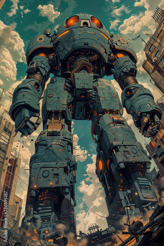 Giant mech robot standing in a future city drawn in comic book or graphic novel style 